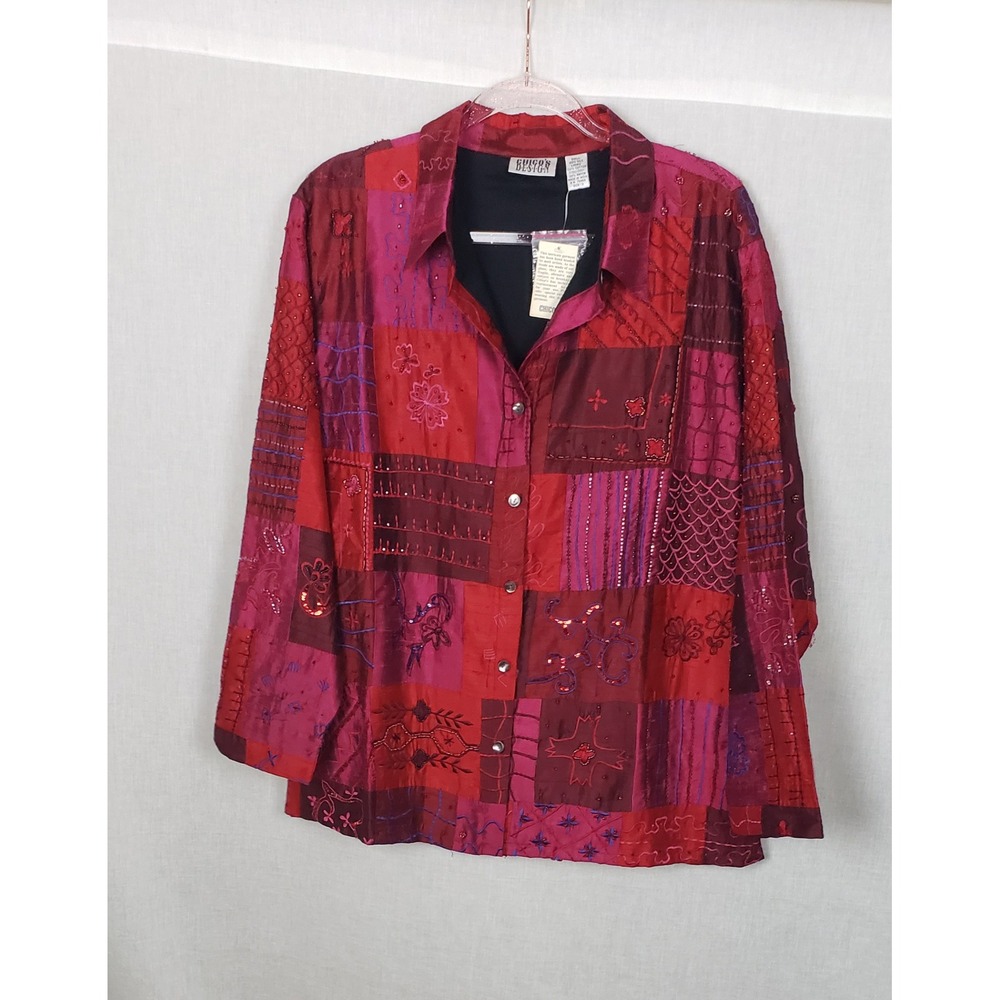 Chicos Design 3 Red 100% Silk Patchwork Hand Beaded Embroidered Shirt Shacket XL